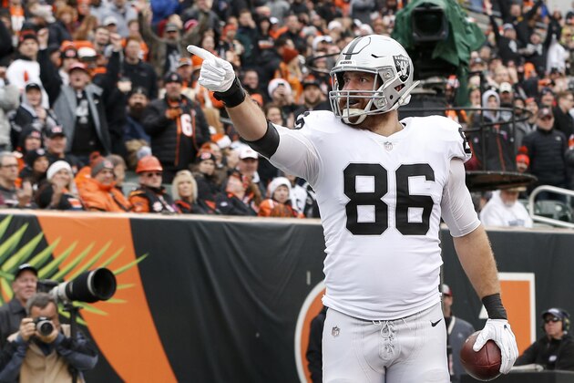 Oakland Raiders tight end Lee Smith celebrates after scoring a touchdown in the first half of an NFL football game against the Cincinnati Bengals, Sunday, Dec. 16, 2018, in Cincinnati. (AP Photo/Frank Victores)