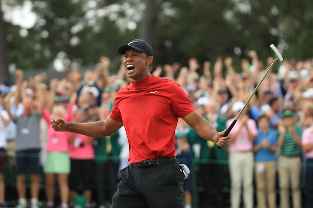 AUGUSTA, GEORGIA - APRIL 14: Tiger Woods (L) of the United States celebrates on the 18th green after winning the Masters at Augusta National Golf Club on April 14, 2019 in Augusta, Georgia. (Photo by Andrew Redington/Getty Images) AUGUSTA, GEORGIA - APRIL 14: Tiger Woods (L) of the United States celebrates on the 18th green after winning the Masters at Augusta National Golf Club on April 14, 2019 in Augusta, Georgia. (Photo by Andrew Redington/Getty Images)