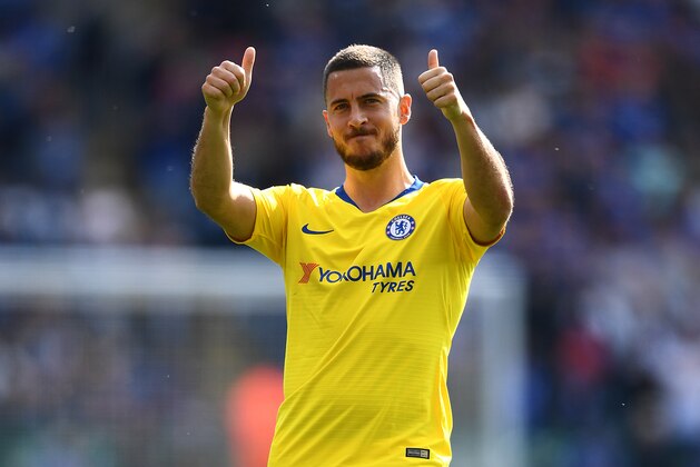 LEICESTER, ENGLAND - MAY 12: Eden Hazard of Chelsea acknowledges the fans after the Premier League match between Leicester City and Chelsea FC at The King Power Stadium on May 12, 2019 in Leicester, United Kingdom. (Photo by Clive Mason/Getty Images)