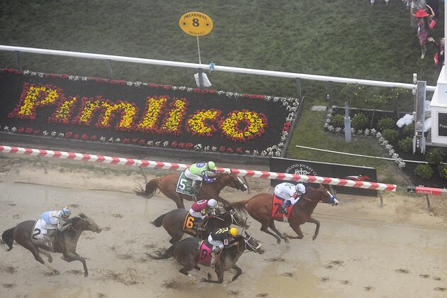 Justify with Mike Smith atop wins the 143rd Preakness Stakes horse race at Pimlico race track, Saturday, May 19, 2018, in Baltimore. Bravazo with Luis Saez aboard (8) wins second with Tenfold with Ricardo Santana Jr. atop (6) places. (AP Photo/Nick Wass)