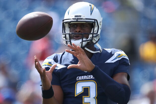 BUFFALO, NY - SEPTEMBER 16: Geno Smith #3 of the Los Angeles Chargers warms up before the start of NFL game action against the Buffalo Bills at New Era Field on September 16, 2018 in Buffalo, New York. (Photo by Tom Szczerbowski/Getty Images)
