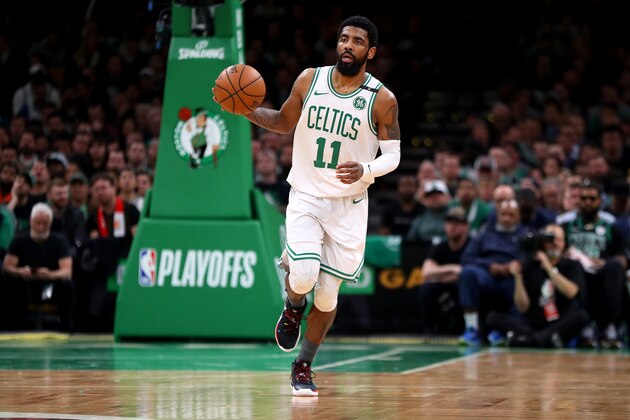 BOSTON, MASSACHUSETTS - MAY 06: Kyrie Irving #11 of the Boston Celtics dribbles against the Milwaukee Bucks during the second quarter of Game 4 of the Eastern Conference Semifinals during the 2019 NBA Playoffs at TD Garden on May 06, 2019 in Boston, Massachusetts. (Photo by Maddie Meyer/Getty Images)