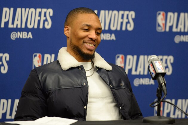 DENVER, CO - MAY 12: Damian Lillard #0 of the Portland Trail Blazers talks with the media after the game against the Denver Nuggets during Game Seven of the Western Conference Semifinals of the 2019 NBA Playoffs on May 12, 2019 at the Pepsi Center in Denver, Colorado. NOTE TO USER: User expressly acknowledges and agrees that, by downloading and/or using this Photograph, user is consenting to the terms and conditions of the Getty Images License Agreement. Mandatory Copyright Notice: Copyright 2019 NBAE (Photo by Bart Young/NBAE via Getty Images)