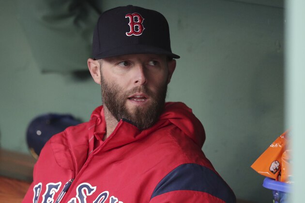 Boston Red Sox's Dustin Pedroia in the dugout prior to a baseball game at Fenway Park, Tuesday, April 30, 2019, in Boston. (AP Photo/Charles Krupa)