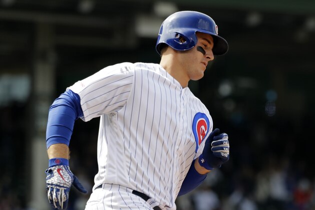 Chicago Cubs' Anthony Rizzo rounds the bases after hitting a two-run home run during the fifth inning of a baseball game against the Miami Marlins, Thursday, May 9, 2019, in Chicago. (AP Photo/Nam Y. Huh)