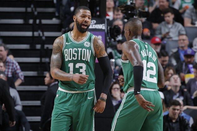 SACRAMENTO, CA - MARCH 6: Marcus Morris #13 and Terry Rozier #12 of the Boston Celtics face the Sacramento Kings on March 6, 2019 at Golden 1 Center in Sacramento, California. NOTE TO USER: User expressly acknowledges and agrees that, by downloading and or using this photograph, User is consenting to the terms and conditions of the Getty Images Agreement. Mandatory Copyright Notice: Copyright 2019 NBAE (Photo by Rocky Widner/NBAE via Getty Images)