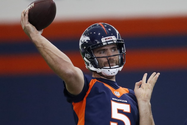 Denver Broncos quarterback Joe Flacco throws during the NFL football team's veterans minicamp Tuesday, April 16, 2019, in Englewood, Colo. (AP Photo/David Zalubowski)