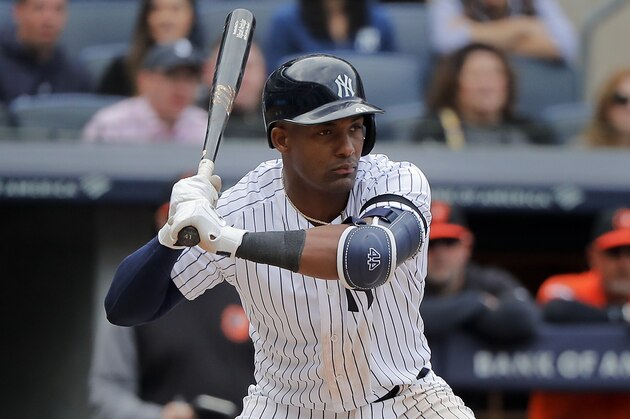 New York Yankees third baseman Miguel Andujar (41) takes a pitch during the ninth inning of a baseball game against the Baltimore Orioles, Saturday, March 30, 2019, in New York. (AP Photo/Julie Jacobson)