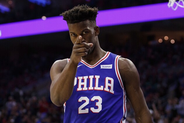 Philadelphia 76ers' Jimmy Butler reacts during the first half in Game 5 of a first-round NBA basketball playoff series against the Brooklyn Nets, Tuesday, April 23, 2019, in Philadelphia. The 76ers won 122-100. (AP Photo/Chris Szagola)