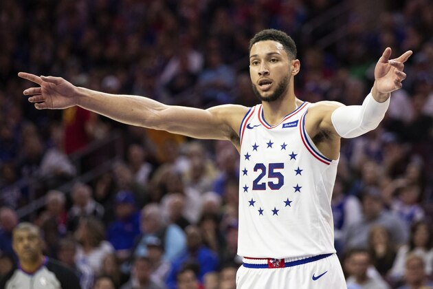 Philadelphia 76ers' Ben Simmons reacts during the second half of Game 4 of a second-round NBA basketball playoff series against the Toronto Raptors, Sunday, May 5, 2019, in Philadelphia. Raptors won 101-96. (AP Photo/Chris Szagola)