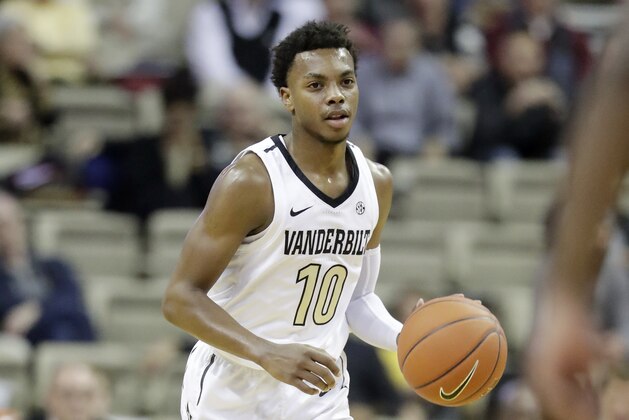 Vanderbilt guard Darius Garland plays against Alcorn State in the first half of an NCAA college basketball game Friday, Nov. 16, 2018, in Nashville, Tenn. (AP Photo/Mark Humphrey)