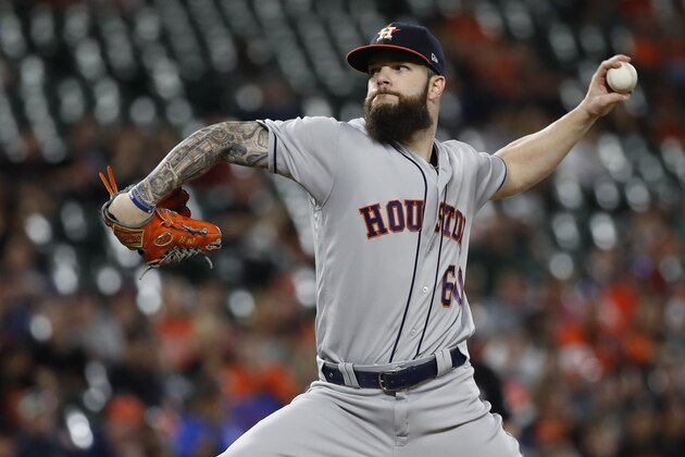 BALTIMORE, MD - SEPTEMBER 29: Starting pitcher Dallas Keuchel #60 of the Houston Astros pitches in the first inning against the Baltimore Orioles during Game Two of a doubleheader  at Oriole Park at Camden Yards on September 29, 2018 in Baltimore, Maryland. (Photo by Patrick McDermott/Getty Images)