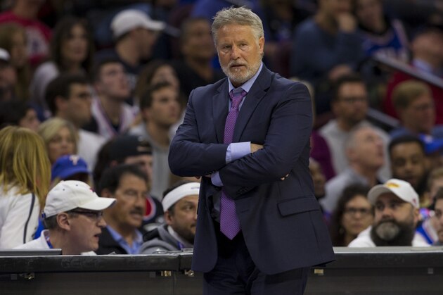 PHILADELPHIA, PA - MAY 05: Head coach Brett Brown of the Philadelphia 76ers looks on against the Toronto Raptors in Game Four of the Eastern Conference Semifinals at the Wells Fargo Center on May 5, 2019 in Philadelphia, Pennsylvania. The Raptors defeated the 76ers 101-96. NOTE TO USER: User expressly acknowledges and agrees that, by downloading and or using this photograph, User is consenting to the terms and conditions of the Getty Images License Agreement. (Photo by Mitchell Leff/Getty Images)
