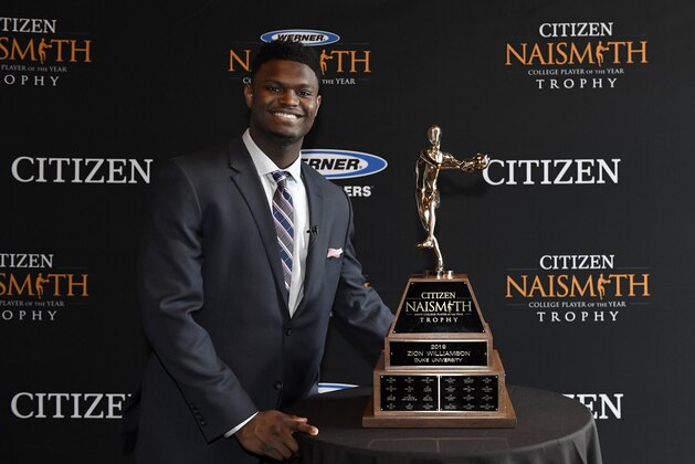 MINNEAPOLIS, MN - APRIL 07: 2019 Citizen Naismith Men's College Player of the Year Zion Williamson of the Duke Blue Devils poses with the 2019 Citizen Naismith Men's College Player of the Year trophy during the 2019 Naismith Awards Brunch at the Nicolette Island Pavilion on April 7, 2019 in Minneapolis, Minnesota. (Photo by Hannah Foslien/Getty Images)