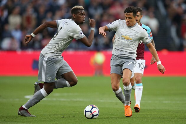 LONDON, ENGLAND - MAY 10:  Paul Pogba of Manchester United and Alexis Sanchez of Manchester United in action during the Premier League match between West Ham United and Manchester United at London Stadium on May 10, 2018 in London, England.  (Photo by Steve Bardens/Getty Images)