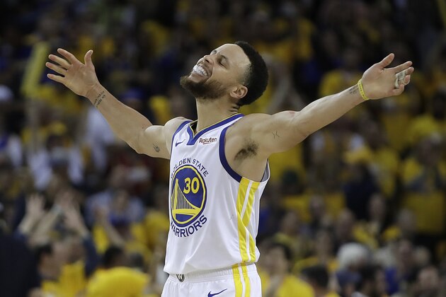 Golden State Warriors' Stephen Curry celebrates during the second half of Game 5 of a second-round NBA basketball playoff series against the Houston Rockets Wednesday, May 8, 2019, in Oakland, Calif. (AP Photo/Ben Margot)