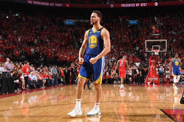 HOUSTON, TX - MAY 10: Klay Thompson #11 of the Golden State Warriors reacts to a play against the Houston Rockets during Game Six of the Western Conference Semifinals of the 2019 NBA Playoffs on May 10, 2019 at the Toyota Center in Houston, Texas. NOTE TO USER: User expressly acknowledges and agrees that, by downloading and/or using this photograph, user is consenting to the terms and conditions of the Getty Images License Agreement. Mandatory Copyright Notice: Copyright 2019 NBAE (Photo by Andrew D. Bernstein/NBAE via Getty Images)