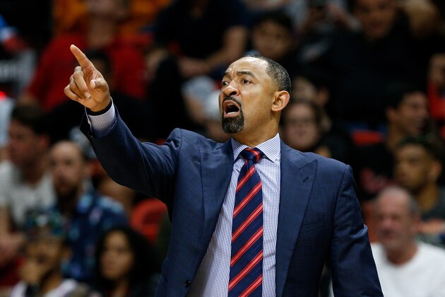 MIAMI, FL - NOVEMBER 12:  Assistant coach Juwan Howard of the Miami Heat in action against the Philadelphia 76ers during the second half at American Airlines Arena on November 12, 2018 in Miami, Florida. NOTE TO USER: User expressly acknowledges and agrees that, by downloading and or using this photograph, User is consenting to the terms and conditions of the Getty Images License Agreement.  (Photo by Michael Reaves/Getty Images)