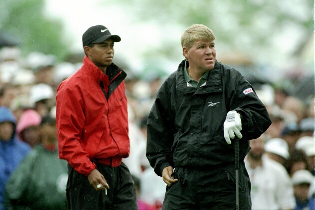 31 May 1997: Tiger Woods (left) and John Daly (right) scan the fairway during the third round of The Memorial Tournament at Muirfield Village Golf Club in Dublin, Ohio.