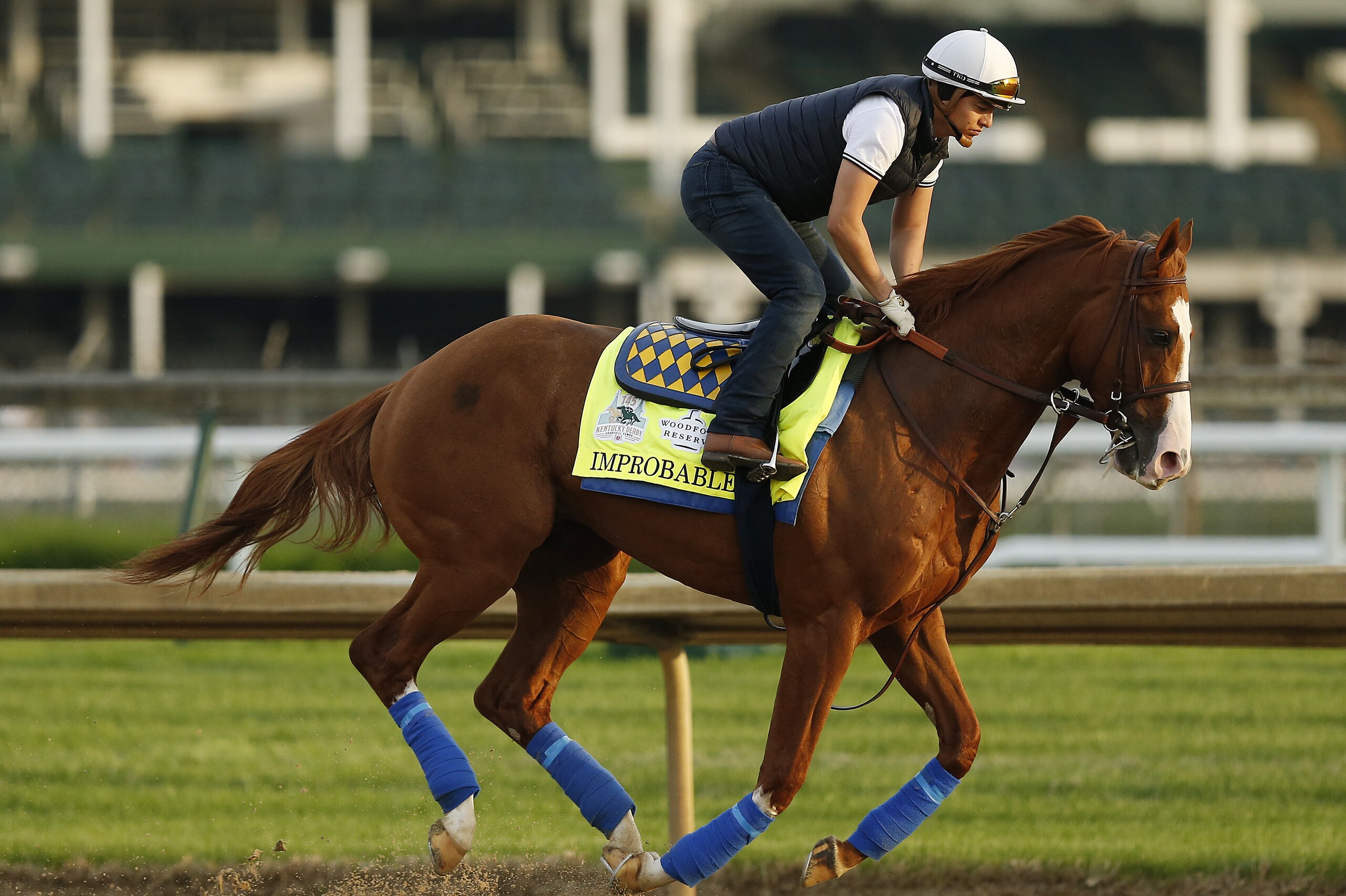 LOUISVILLE, KENTUCKY - MAY 01:  Improbable trains on the track during morning workouts in preparation for the 145th running of the Kentucky Derby at Churchill Downs on May 1, 2019 in Louisville, Kentucky. (Photo by Michael Reaves/Getty Images)