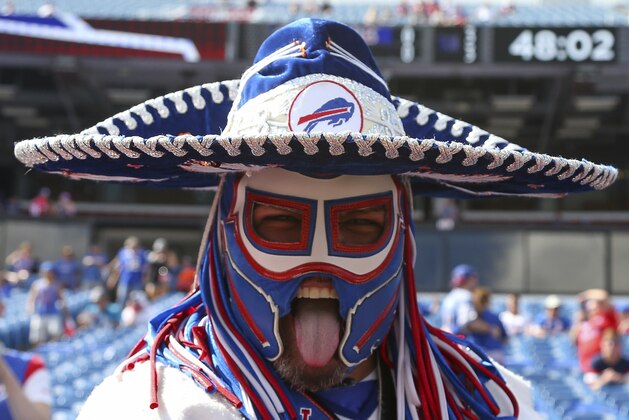 Buffalo Bills fan, Pancho Billa, poses for a photo prior to the game against the Los Angeles Chargers on Sunday, Sept. 16, 2018, in Orchard Park, N.Y. (AP Photo/Rich Barnes)