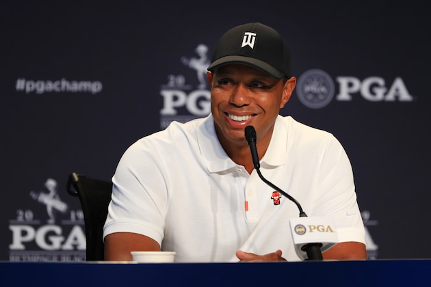 BETHPAGE, NEW YORK - MAY 14: Tiger Woods of the United States speaks to the media during a press conference prior to the 2019 PGA Championship at the Bethpage Black course on May 14, 2019 in Bethpage, New York. (Photo by Mike Ehrmann/Getty Images)