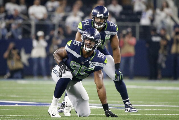 Seattle Seahawks defensive end Dion Jordan (95) and linebacker Bobby Wagner (54) line up against the Seattle Seahawks during an NFC wild-card NFL football game in Arlington, Texas, Saturday, Jan. 5, 2019.(AP Photo/Michael Ainsworth)