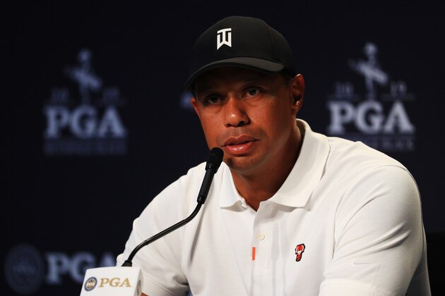 BETHPAGE, NEW YORK - MAY 14: Tiger Woods of the United States speaks to the media during a press conference prior to the 2019 PGA Championship at the Bethpage Black course on May 14, 2019 in Bethpage, New York. (Photo by Mike Ehrmann/Getty Images)