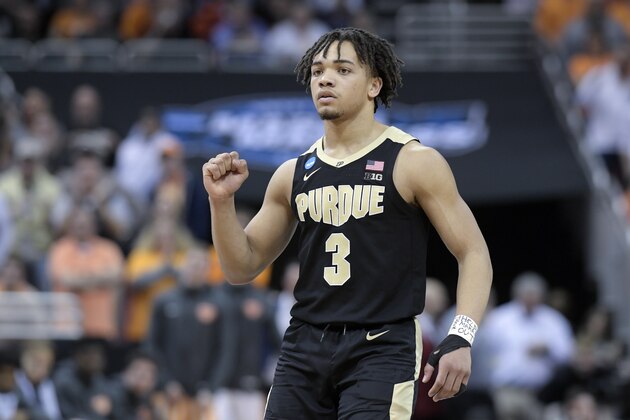 Purdue's Carsen Edwards reacts to a score during overtime of a men's NCAA Tournament college basketball South Regional semifinal game against Tennessee Thursday, March 28, 2019, in Louisville, Ky. Purdue won 99-94. (AP Photo/Timothy D. Easley)