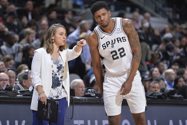 SAN ANTONIO, TX - JANUARY 29: Assistant Coach Becky Hammon coaches Rudy Gay #22 of the San Antonio Spurs during the game against the Phoenix Suns on January 29, 2019 at the AT&T Center in San Antonio, Texas. NOTE TO USER: User expressly acknowledges and agrees that, by downloading and or using this photograph, user is consenting to the terms and conditions of the Getty Images License Agreement. Mandatory Copyright Notice: Copyright 2019 NBAE (Photos by Mark Sobhani/NBAE via Getty Images)