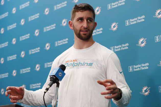 Miami Dolphins NFL football quarterback Josh Rosen speaks during a news conference, Monday, April 29, 2019, at the Dolphins training facility in Davie, Fla. The Dolphins traded a 2019 second-round draft pick and a 2020 fifth-round selection to Arizona for Rosen. (AP Photo/Wilfredo Lee)