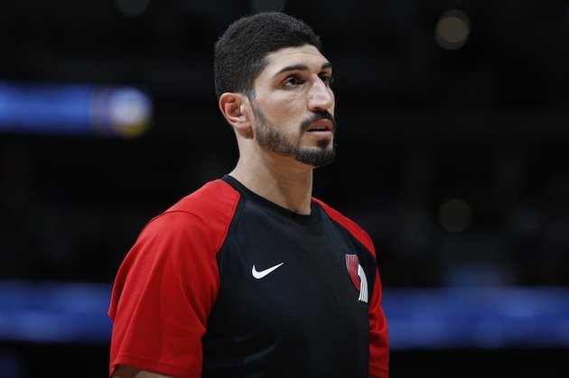 Portland Trail Blazers center Enes Kanter (00) in the second half of an NBA basketball game Friday, April 5, 2019, in Denver. The Nuggets won 119-110. (AP Photo/David Zalubowski)