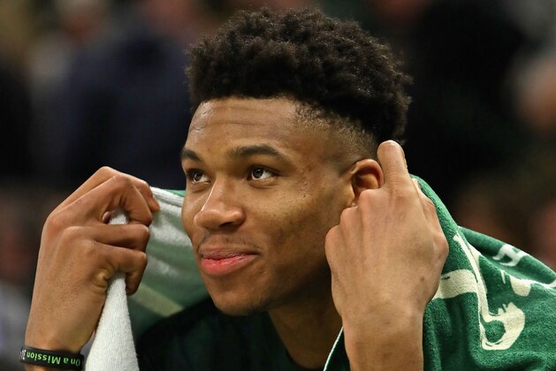 MILWAUKEE, WISCONSIN - MAY 08: Giannis Antetokounmpo #34 of the Milwaukee Bucks watches from the bench as teammates take on the Boston Celtics at Fiserv Forum on May 08, 2019 in Milwaukee, Wisconsin. The Bucks defeated the Celtics 116-91. NOTE TO USER: User expressly acknowledges and agrees that, by downloading and or using this photograph, User is consenting to the terms and conditions of the Getty Images License Agreement. (Photo by Jonathan Daniel/Getty Images)