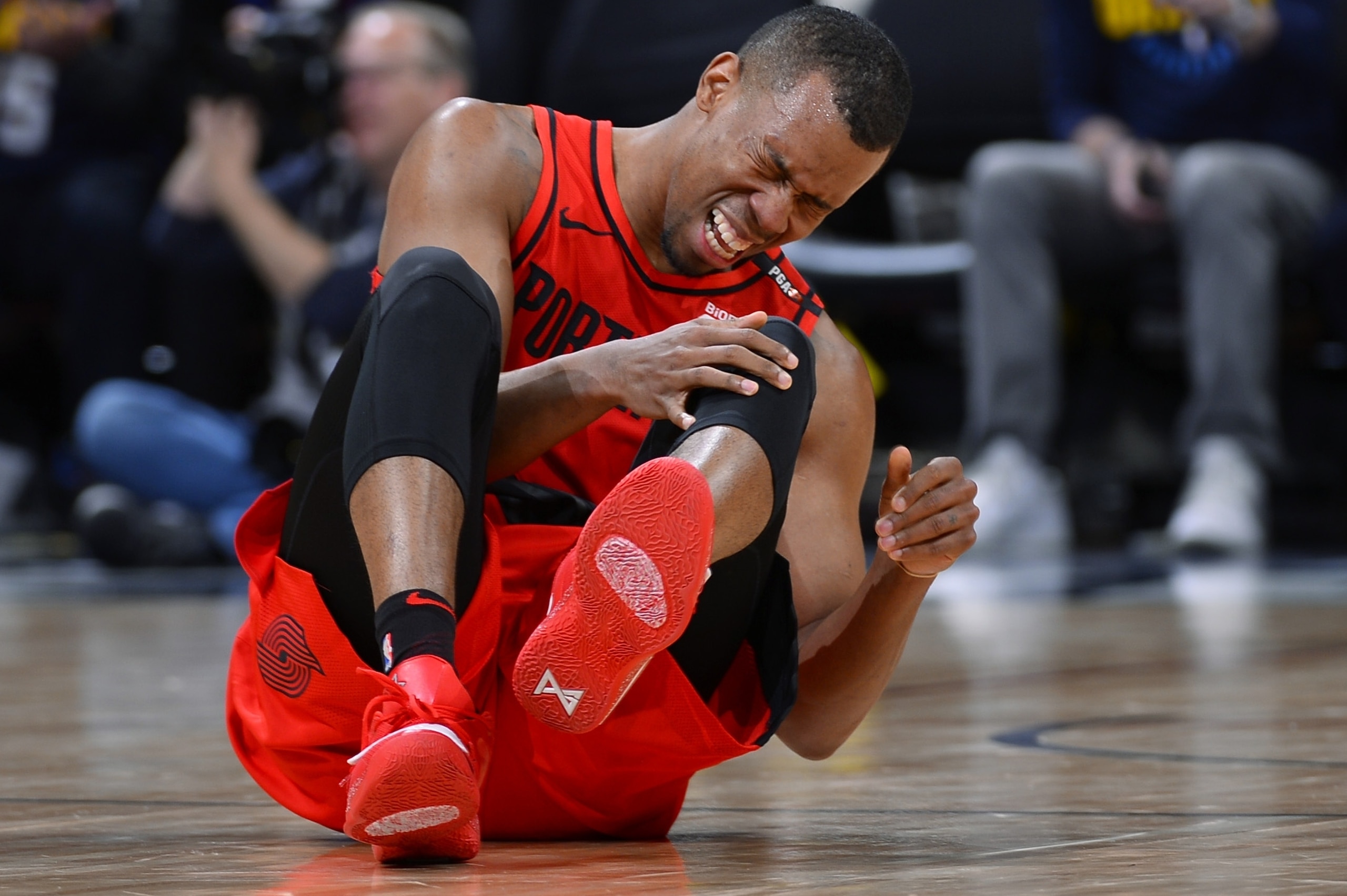 Portland Trail Blazers guard Rodney Hood reacts after being injured in the second half of Game 7 of an NBA basketball second-round playoff series against the Denver Nuggets Sunday, May 12, 2019, in Denver. (AP Photo/John Leyba) Portland Trail Blazers guard Rodney Hood reacts after being injured in the second half of Game 7 of an NBA basketball second-round playoff series against the Denver Nuggets Sunday, May 12, 2019, in Denver. (AP Photo/John Leyba)