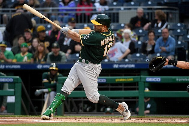 PITTSBURGH, PA - MAY 04: Kendrys Morales #12 of the Oakland Athletics hits an RBI triple to right field in the first inning during the game against the Pittsburgh Pirates at PNC Park on May 4, 2019 in Pittsburgh, Pennsylvania. (Photo by Justin Berl/Getty Images)