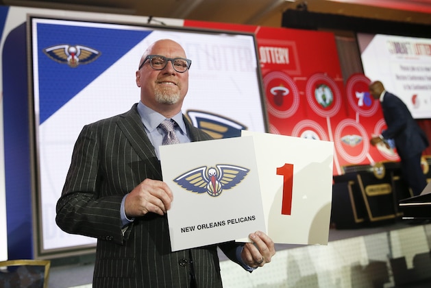David Griffin, New Orleans Pelicans executive vice president of basketball operations, holds up placards after it was announced that the Pelicans had won the first pick during the NBA basketball draft lottery Tuesday, May 14, 2019, in Chicago. (AP Photo/Nuccio DiNuzzo) David Griffin, New Orleans Pelicans executive vice president of basketball operations, holds up placards after it was announced that the Pelicans had won the first pick during the NBA basketball draft lottery Tuesday, May 14, 2019, in Chicago. (AP Photo/Nuccio DiNuzzo)