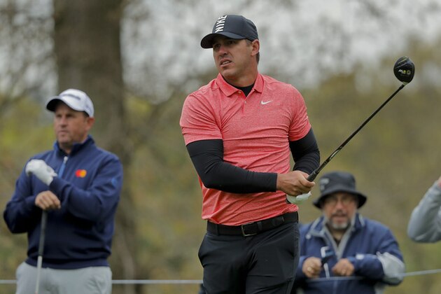 Brooks Koepka watches his shot off the second tee during a practice round at the PGA Championship golf tournament, Tuesday, May 14, 2019, in Farmingdale, N.Y. (AP Photo/Julie Jacobson)