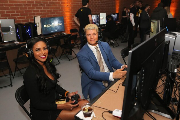 LOS ANGELES, CALIFORNIA - JANUARY 17: Brandi Rhodes (L) and Cody Rhodes attend Mortal Kombat 11: The Reveal on January 17, 2019 in Los Angeles, California. (Photo by Tasia Wells/Getty Images for Warner Bros. Interactive Entertainment)