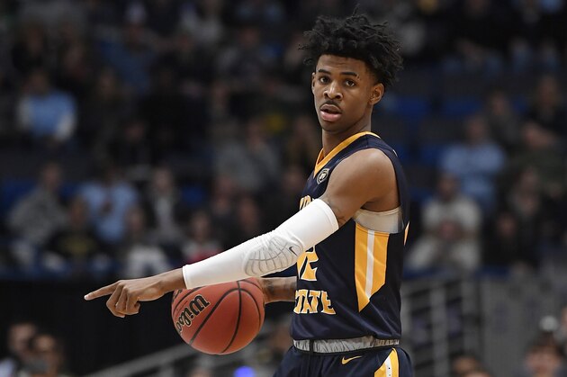 Murray State's Ja Morant (12) during the second half of a second round men's college basketball game in the NCAA tournament, Saturday, March 23, 2019, in Hartford, Conn. (AP Photo/Jessica Hill)