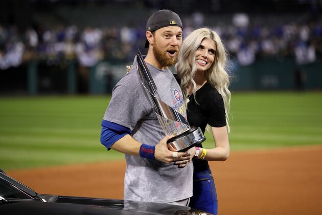 CLEVELAND, OH - NOVEMBER 02:  2016 World Series MVP Ben Zobrist #18 of the Chicago Cubs celebrates with his wife Julianna Zobrist after defeating the Cleveland Indians 8-7 in Game Seven of the 2016 World Series at Progressive Field on November 2, 2016 in Cleveland, Ohio. The Cubs win their first World Series in 108 years.  (Photo by Ezra Shaw/Getty Images)