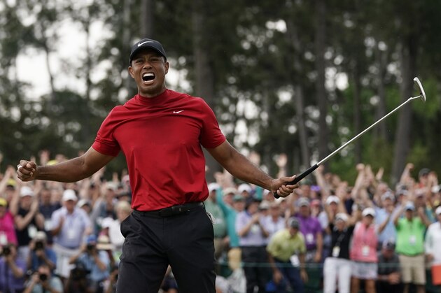 Tiger Woods reacts as he wins the Masters golf tournament Sunday, April 14, 2019, in Augusta, Ga. (AP Photo/David J. Phillip)