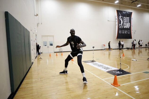 CHICAGO, IL - MAY 13: Tacko Fall #41 participates in drills during the afternoon session of Day Two of the NBA G League Elite Mini Camp on May 13, 2019 at the Quest Multisport Sports Training Facility in Chicago, Illinois. NOTE TO USER: User expressly acknowledges and agrees that, by downloading and/or using this photograph, user is consenting to the terms and conditions of the Getty Images License Agreement. Mandatory Copyright Notice: Copyright 2019 NBAE (Photo by Kamil Krzaczynski/NBAE via Getty Images)