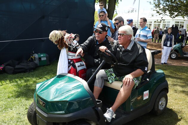 FARMINGDALE, NEW YORK - MAY 15: John Daly of the United States drives a golf cart during a practice round prior to the 2019 PGA Championship at the Bethpage Black course on May 15, 2019 in Farmingdale, New York. (Photo by Patrick Smith/Getty Images)