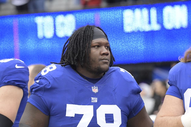 New York Giants' Jamon Brown before an NFL football game against the Dallas Cowboys, Sunday, Dec., 30, 2018, in East Rutherford, N.J. (AP Photo/Bill Kostroun)