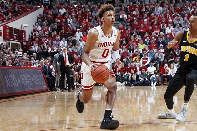 BLOOMINGTON, IN - FEBRUARY 07: Romeo Langford #0 of the Indiana Hoosiers looks to shoot the ball against the Iowa Hawkeyes in the first half of the game at Assembly Hall on February 7, 2019 in Bloomington, Indiana. Iowa won 77-72. (Photo by Joe Robbins/Getty Images)