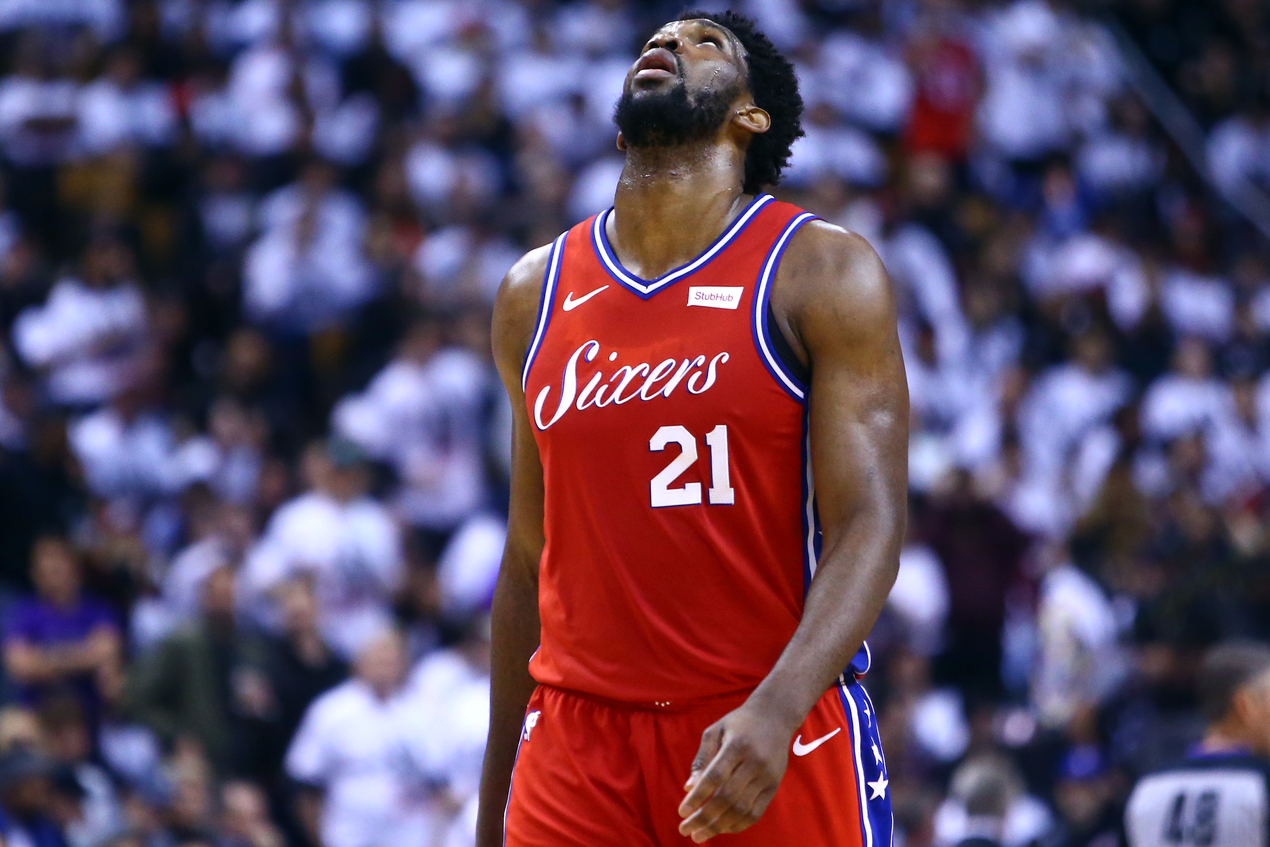 TORONTO, ON - MAY 12: Joel Embiid #21 of the Philadelphia 76ers looks on during Game Seven of the second round of the 2019 NBA Playoffs against the Toronto Raptors at Scotiabank Arena on May 12, 2019 in Toronto, Canada. NOTE TO USER: User expressly acknowledges and agrees that, by downloading and or using this photograph, User is consenting to the terms and conditions of the Getty Images License Agreement. (Photo by Vaughn Ridley/Getty Images) TORONTO, ON - MAY 12: Joel Embiid #21 of the Philadelphia 76ers looks on during Game Seven of the second round of the 2019 NBA Playoffs against the Toronto Raptors at Scotiabank Arena on May 12, 2019 in Toronto, Canada. NOTE TO USER: User expressly acknowledges and agrees that, by downloading and or using this photograph, User is consenting to the terms and conditions of the Getty Images License Agreement. (Photo by Vaughn Ridley/Getty Images)
