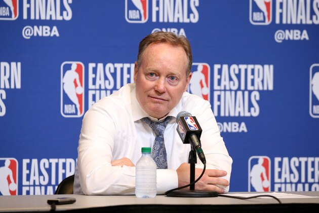 MILWAUKEE, WI - MAY 15: Head Coach Mike Budenholzer of the Milwaukee Bucks is interviewed after a game against the Toronto Raptors after Game One of the Eastern Conference Finals of the 2019 NBA Playoffs on May 15, 2019 at the Fiserv Forum Center in Milwaukee, Wisconsin. NOTE TO USER: User expressly acknowledges and agrees that, by downloading and or using this Photograph, user is consenting to the terms and conditions of the Getty Images License Agreement. Mandatory Copyright Notice: Copyright 2019 NBAE (Photo by Gary Dineen/NBAE via Getty Images).