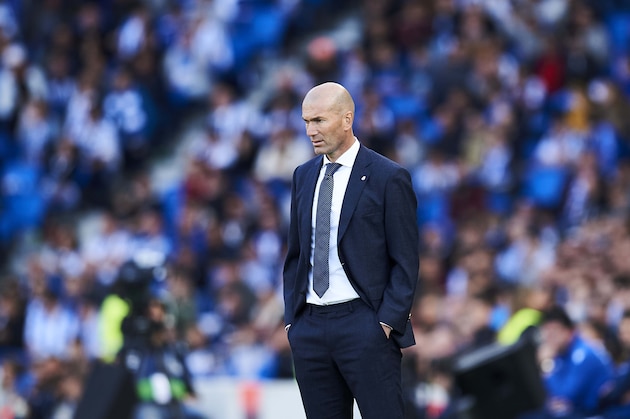SAN SEBASTIAN, SPAIN - MAY 12: Head coach Zinedine Zidane of Real Madrid CF reacts during the La Liga match between Real Sociedad and Real Madrid CF at Estadio Anoeta on May 12, 2019 in San Sebastian, Spain. (Photo by Juan Manuel Serrano Arce/Getty Images)