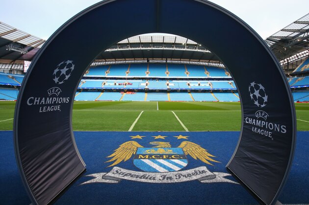 MANCHESTER, ENGLAND - MARCH 15:  A Manchester City club crest is seen prior to the UEFA Champions League round of 16 second leg match between Manchester City FC and FC Dynamo Kyiv at the Etihad Stadium on March 15, 2016 in Manchester, United Kingdom.  (Photo by Alex Livesey/Getty Images)