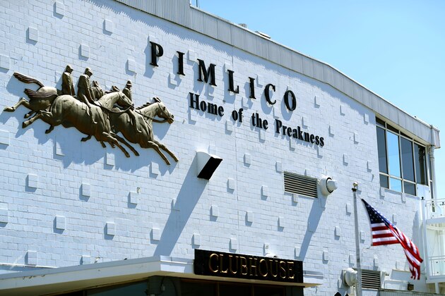 BALTIMORE, MARYLAND - MAY 15: A general view of the outside of Pimlico Race Course, home of the Preakness Stakes, is shown before Preakness Stakes on May 15, 2019 in Baltimore, Maryland. (Photo by Rob Carr/Getty Images)
